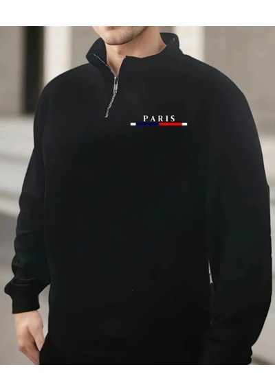 Altamira Erkek Paris Baskılı Yarım Fermuarlı Oversize Sweatshirt 001
