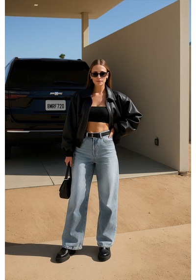 Kadın Yüksek Bel Skater Fit Jean Pantolon Tint Mavi