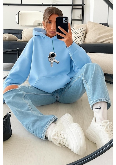 Benroma 3 İplik Penye Astronot Unisex Kapüşonlu Sweat Bebe Mavisi