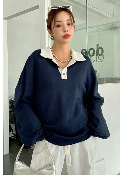 Nimas Kadın Oversize Polo Yaka 3 İplik Şardonlu Sweatshirt Lacivert - 675774194 Lacivert