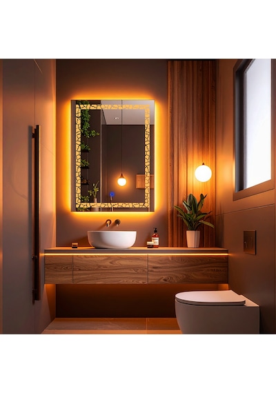 Gleamira Vertical Amber Led'li Lazer Kumlamalı Lavabo & Banyo Aynası Dokunmatik Sensörlü 100 X 75 Cm Turuncu