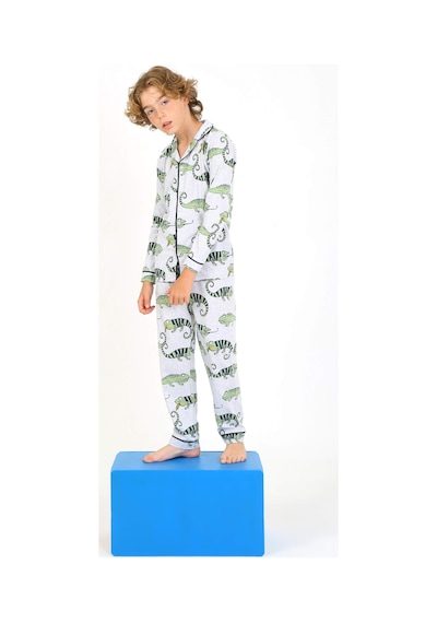 Vitmo Erkek Çocuk Pijama Takımı Düğmeli Tropikal Desen Uzun Kollu Gri