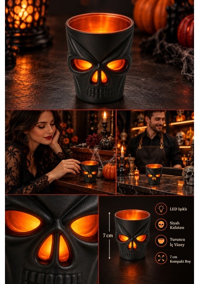 Led Işıklı Kuru Kafa Bardak Halloween Cadılar Bayramı Siyah Turuncu Kafatası Dekoru 7 Cm Renkli