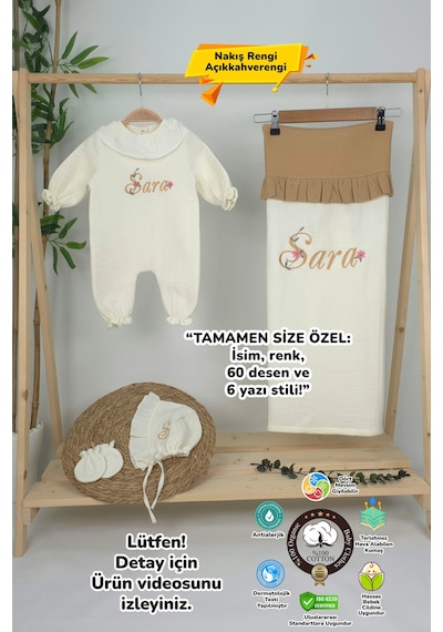 Gros Shop Müslin Yeni Doğan 4katlı Organik %100pamuk Kişiye Özgü Nakışlı Hastane Çıkış Seti Papatya Model-13 Ekru