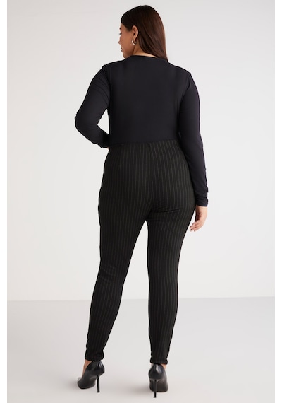 ETHIQUET ABRIELLEBB Kadın Çizgi Desenli Slim Fit Dar Paça Fermuarlı Örme Siyah - Beyaz Büyük Beden Pantolon