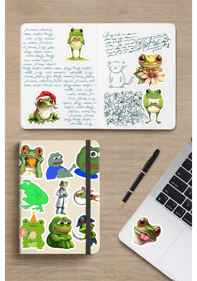 Kurbağa Frog Temalı Bullet Journal Telefon Laptop Yapışkanlı Folyo Sticker Paketi 23 Adet Çok Renkli