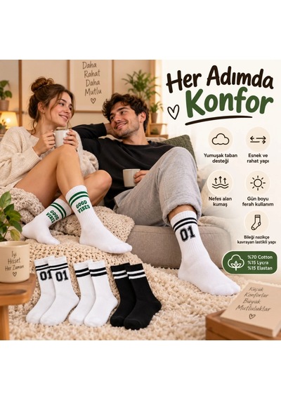 Storeşahin Unisex Çorap Çizgili 8'li Set 07 Good Vibes Yazılı Siyah Beyaz Uzun Soket Spor Kolej Stil Çorap Shn0720 Çok  Renkli