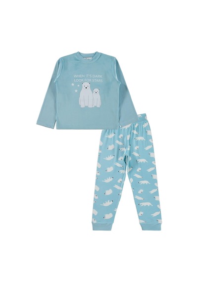 Dorka Golsut Kutup Ayısı Basıklı 3-11 Yaş Pijama Takımı - Mavi Açık Mavi