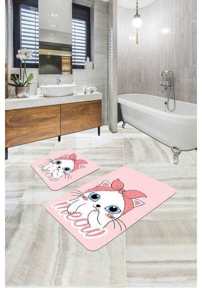 Pembe Kedi Desenli Banyo Halısı Klozet Paspas Seti Bs261n11