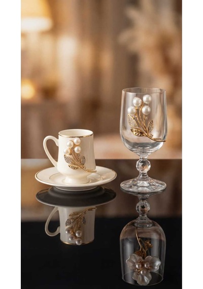 Çnr Home Collection Gold Metal Inci Çiçek Figürlü 12 Parça Bardak Fincan Seti Gold