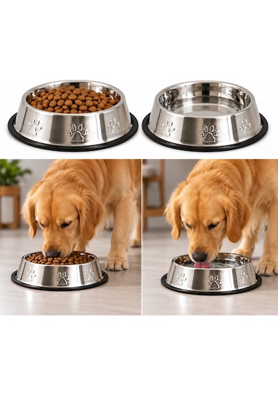Köpekler İçin Pati Desenli Çelik Mama Su Kabı 33 Cm - 96 Oz - 3 Lt