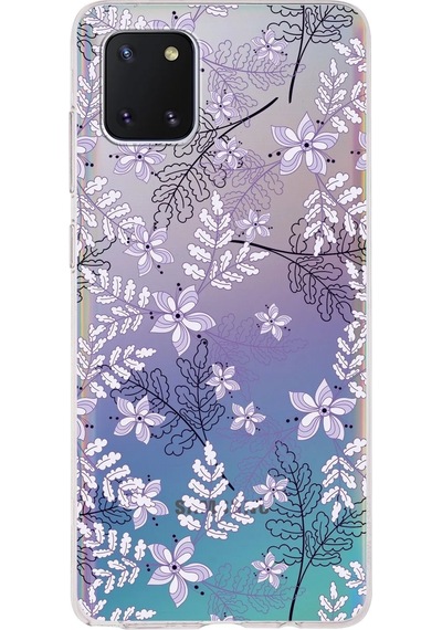 Samsung Galaxy A81 Uyumlu Kapak Floral Lila Tasarımlı Şeffaf Silikon Kılıf