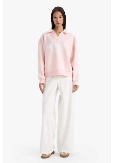 Defacto Relax Fit Polo Yaka Baskılı Kalın Sweatshirt G6412ax25wnpn364 Pembe-pn364