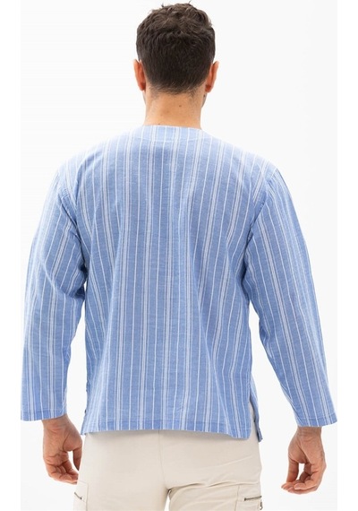 Uzun Kol Şile Bezi Zımbalı Erkek Tshirt Mavi Beyaz Çizgili 3019