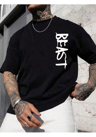 Beast T-shirt - Siyah Baskılı Oversize Bisiklet Yaka Kısa Kol Tişört Siyah