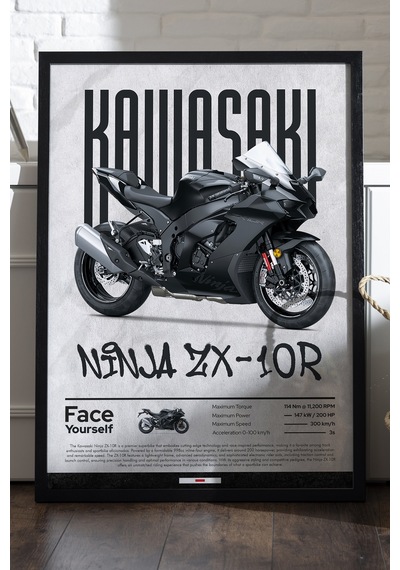 Kawasaki Ninja Zx-10 R Siyah Ahşap Çerçeveli Poster, Dekoratif Motosiklet Duvar Tablosu