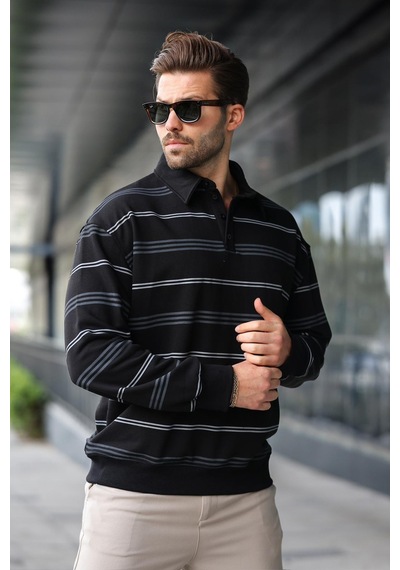 Madmext Siyah Çizgili Polo Yaka Erkek Sweatshirt E7172 Siyah