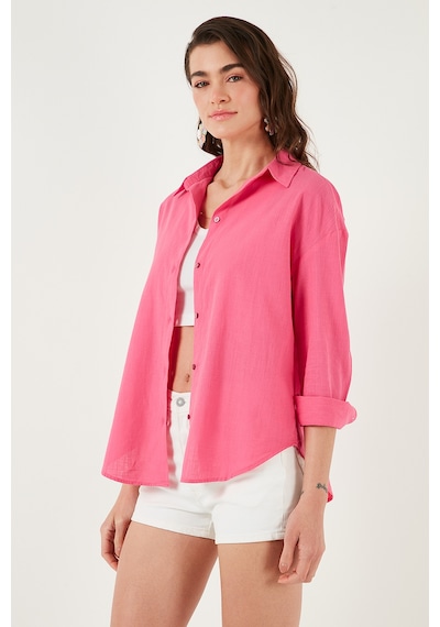 Lela Pamuklu Regular Fit Uzun Kollu Düz Bayan Gömlek Cf25S168305 Şeker Pembe