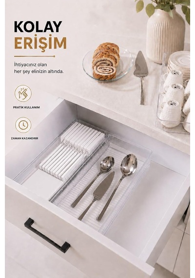 Çekmece İçi Bıçaklık Organizer Bölmeli Mutfak Düzenleyici Beyaz S-11029 Çok Renkli