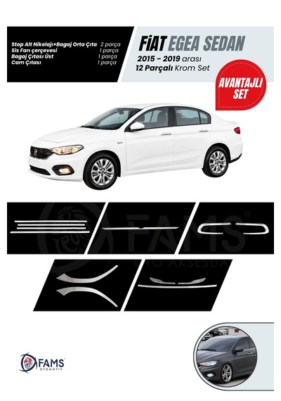 Fiat Egea 2015-2019 Sedan 12 Parça Krom Set Cam Çıtası-bagaj Çıtası Üst-sis Farı-ön Far Alt-stop Alt Nikelajı P.çelik