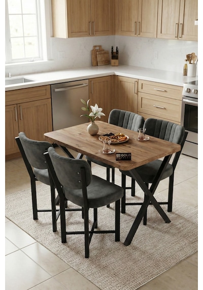 Reyo Falez Elma 110x70 Cm Masa Takımı 4 Sandalyeli Modern Mutfak Balkon Kafe Yemek Masası Seti Atlantik Çam - Antrasit 9885