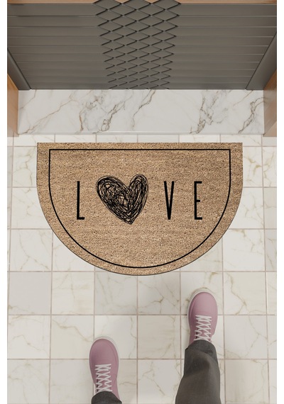 Rugmood Modern Dijital Paspas Kahverengi Kalp Love Kapı Önü Paspası