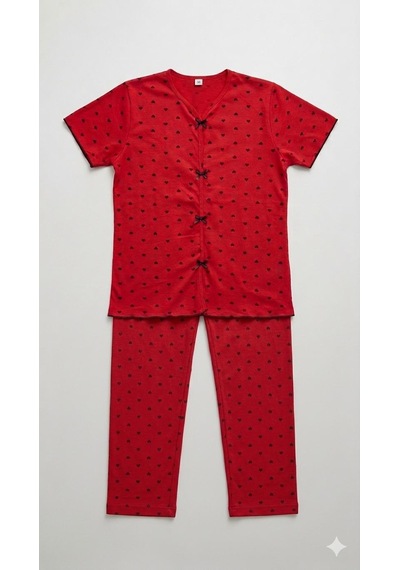 Sleeproom Yazlık Kırmızı Kalp Desenli Kısa Kol Penye %100 Pamuk Pijama Takım Kırmızı Siyah Kalp