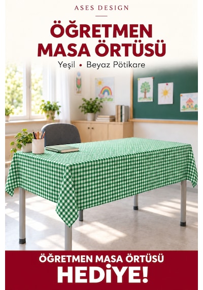 Yeşil Beyaz 5'li Lastikli Sıra Örtüsü, 100x140 Cm Öğretmen Masa Örtüsü Hediye
