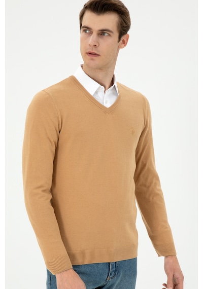 U.S. Polo Assn. Erkek Slim Fit V Yaka Camel Basic Kazak 50294764-VR015