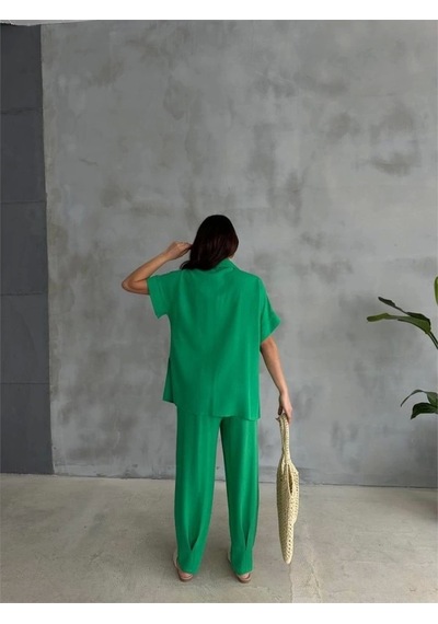 Defymoda Omuz Midye Sıralı Bluz - Paça Pensli Pantolon Takım - Yeşil Yeşil