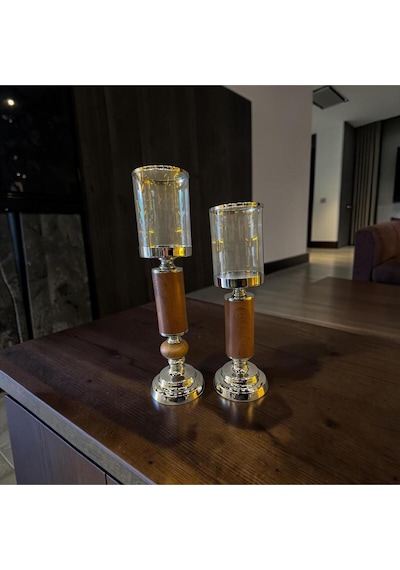 Woodgold Cam Mumluk & Ahşap Detaylı Şamdan Seti İkili Gümüş