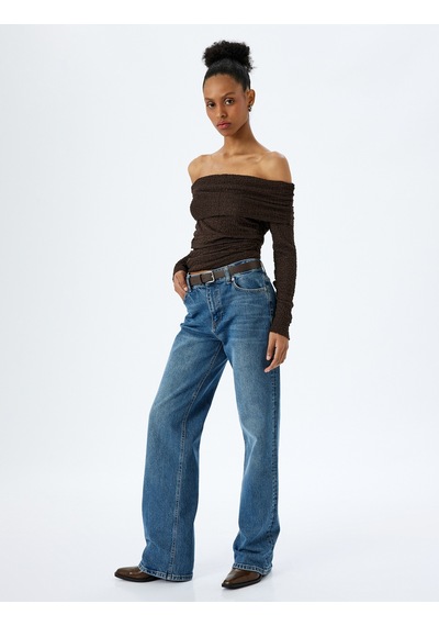 Koton Dantel Detaylı Uzun Kollu Omzu Açık Slim Fit Tişört Kahverengi 5wak50370ek Kahve