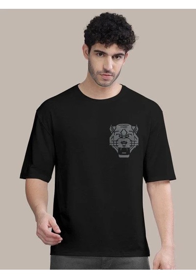 Erkek Kısa Kol Yazlık Tişört Bisiklet Yaka Aslan Baskılı T-shirt - Siyah