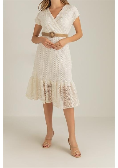 Neşeli Butik Kadın Ekru Hasır Kemerli Dantel Elbise Dk0001 Ekru