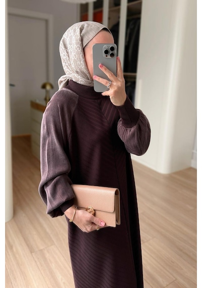 Kahijab Kendinden Desenli Yarım Balıkçı Merserize Elbise - Kahverengi