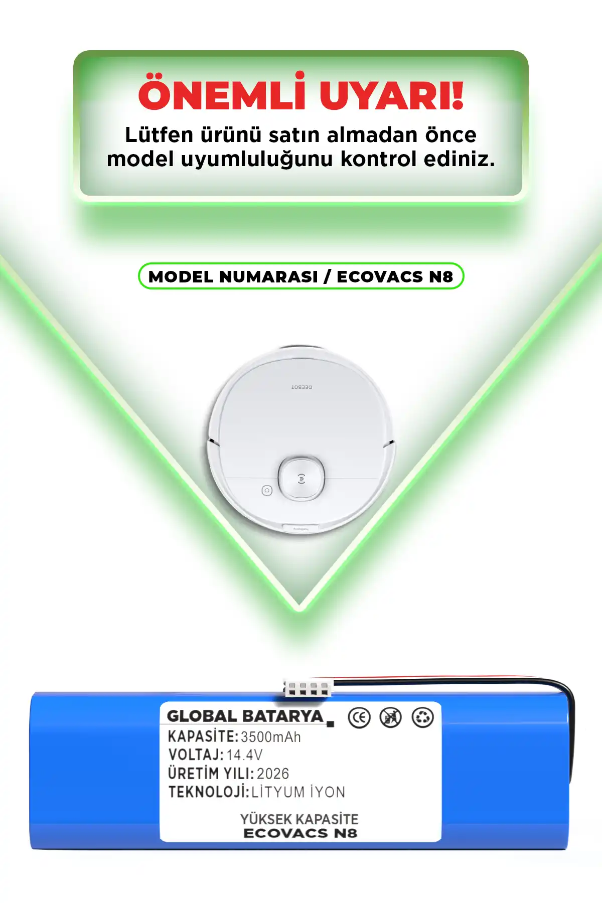 Ecovacs Deebot N8 Uyumlu Robot Süpürge Batarya 14.4v 3500mah Li-ion Pil Yüksek Kapasite