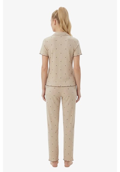 Cottonhill Vizon Kalp Desenli Pointel Gömlek Yaka Kadın Pijama Takımı