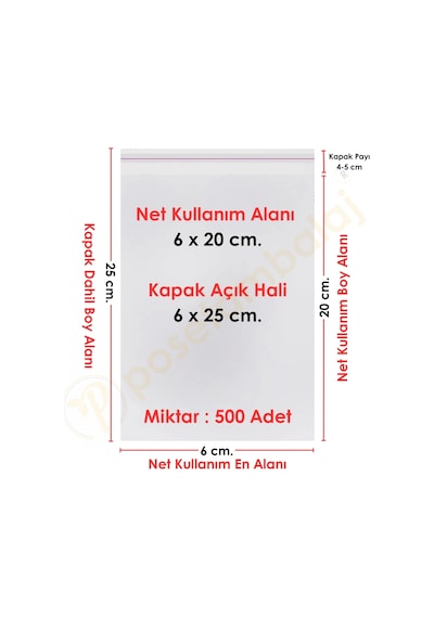 6x20+5 Cm. 6x25 500 Adet Şeffaf Bantlı Yapışkanlı Opp Poşet