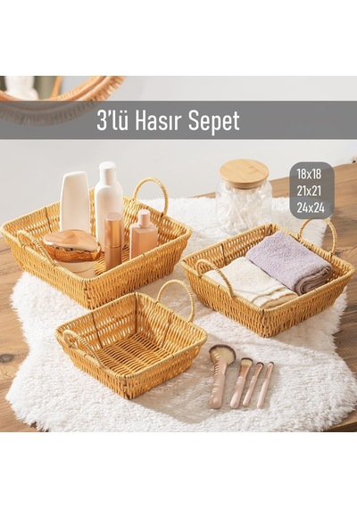 Tr 303-b Kare 3'lü Hasır Sepet Dekoratif Ev Düzenleyici Kendinden Kulplu Hasır Sepet Seti Banyo Düzenleyici Sepet Genel