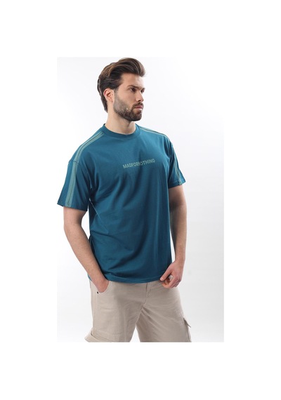 Madmext Petrol Mavisi Bisiklet Yaka Baskılı Erkek T-shirt E7110 Petrol Mavisi
