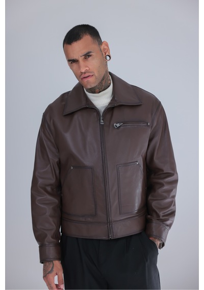 M M Marki Marki Erkek Fındık Rengi Hakiki Deri Ceket Oversize Kesim Fermuarlı Astarlı 64 Cm - 508922