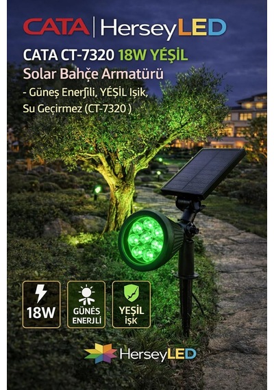 Ct-7320 18w Yeşil Solar Çim Armatürü Güneş Enerjili, Yeşil Işık, Su Geçirmez