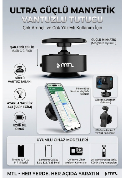 Otomatik Vakumlu Araç Telefon Tutucu - Magsafe Uyumlu Manyetik Telefon Tutucu Mt6080