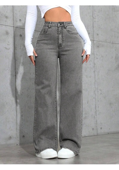 Füme Palazzo Pantolon Wide Leg Yüksek Bel Denim Jeans Füme
