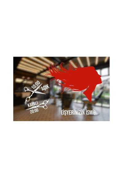 Kuaföraçık Kapalı Işyeri Cam Sticker Güzel Kadın Makas Kesim Saç Berber Sticker Kırmızı
