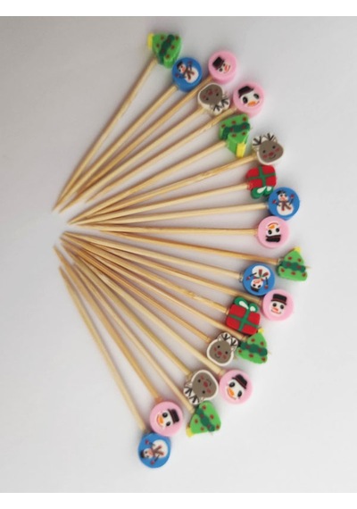 100 Adet Dekoratif Yılbaşı Temalı Fimo Boncuklu Kürdan 6,5 Cm-karışık Model-happy New Year Toothpick