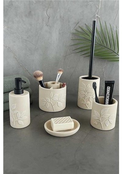 Primanova Leaf Banyo Seti 5 Parça - Bej Beyaz