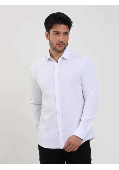 Dufy Beyaz Erkek Slim Fit Gofre Desenli Brent Yaka Uzun Kol Gömlek - 104795-beyaz Beyaz