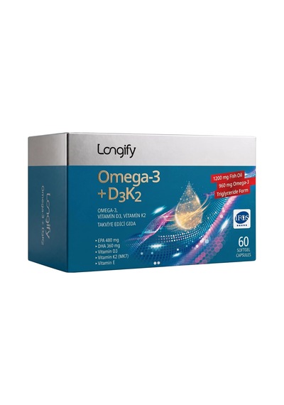 Omega 3 + D3k2, Yüksek Epa & Dha, Vitamin D3, Vitamin K2 Mk7 , Vitamin E, Balık Yağı, 60 Yumuşak Kapsül