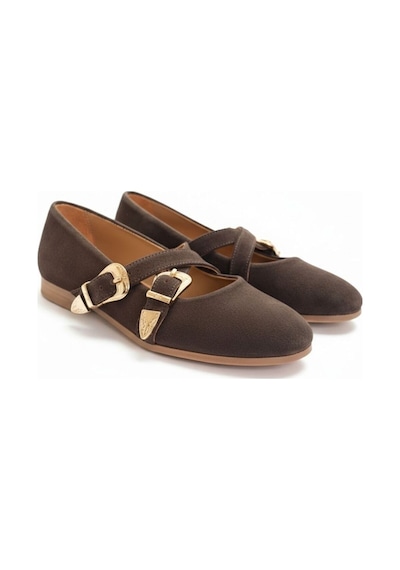 Ne&ve Shoes Kahve Süet Hakiki Deri Çapraz Bantlı Aksesuar Detaylı Kadın Yuvarlak Burun Babet Kahverengi